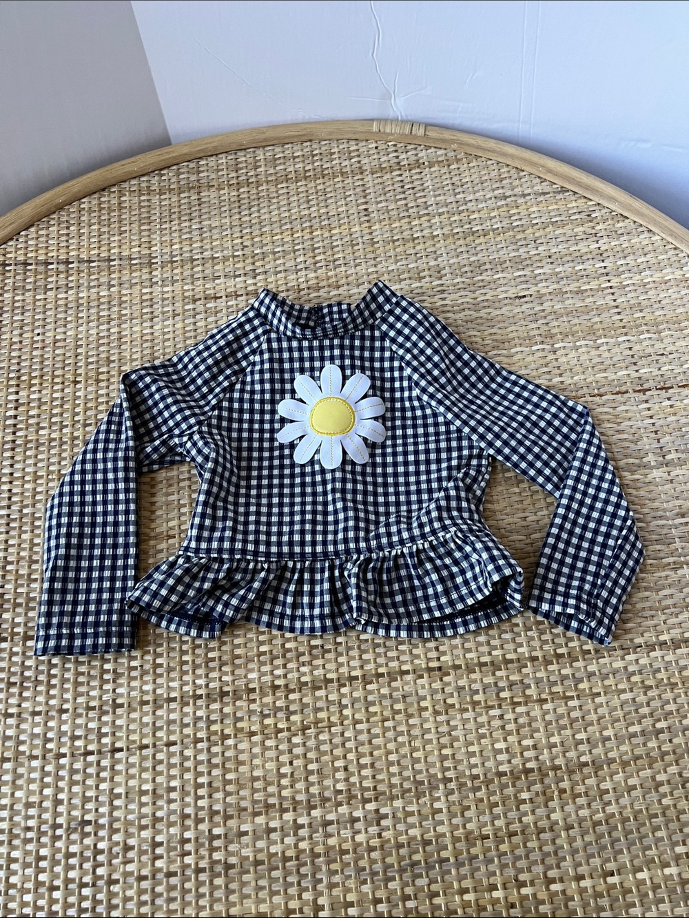 Little Me Gingham Daisy UPF 50 Rashguard swim shirt ruffle navy white yellow 18m